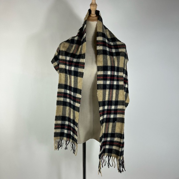 VINTAGE Foxford Made in Ireland Wool Plaid Scarf Tan Black - Picture 2 of 4